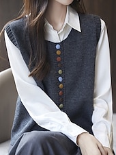 cheap Sweater Vest-Women&#039;s Sweater Sweater Vest Streetwear Casual Solid Color Crew Neck Buttons Knitted Sleeveless Regular Tops Knit Daily Holiday Going out Black Red Fall Winter