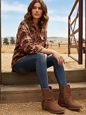 levne Cowboy &amp; Western Boots-Dámské tmavě hnědé kotníkové boty z umělé kůže s bočním zipem a krajkovým detailem – ležérní vintage boty na nízkém podpatku pro každodenní nošení, cestování a outdoorové outfity