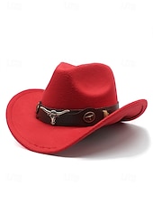baratos Chapéus Femininos-Chapéu de cowboy masculino com faixa de cabeça de touro – chapéu fedora vintage de feltro com aba larga para rodeio, estilo ao ar livre e presente de Natal