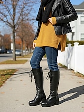 tanie Buty modowe-Damskie czarne, sznurowane buty na platformie za kolano, na grubym obcasie, ze sztucznej skóry, w stylu bojowym, idealne na jesień i zimę, do noszenia na mieście i na co dzień