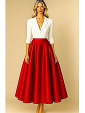 economico Abiti da smoking-Abiti da cocktail A-Line in nero e bianco Abito formale elegante Abito da matrimonio formale lunghezza tea midi lunghezza manica 3/4 colletto a punta Top in crepe elasticizzato gonna in satin con