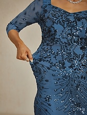 Damen Pailletten Maxikleid Etuikleid Trompete Meerjungfrau Kleid Bodycon Kleid Elegant Formal Cocktailabend Feier Floral 3/4 Länge Ärmel V-Ausschnitt Pfauenblau Frühling Herbst Winter preiswerte abendkleider-Damen Pailletten Maxikleid Etuikleid Trompete Meerjungfrau Kleid Bodycon Kleid Elegant Formal Cocktailabend Feier Floral 3/4 Länge Ärmel V-Ausschnitt Pfauenblau Frühling Herbst Winter