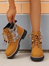 baratos Botas de combate-Botas femininas amarelas com cadarço e painéis de tecido jacquard – calçados estilosos para caminhadas, ideais para outono, inverno e looks casuais para atividades ao ar livre