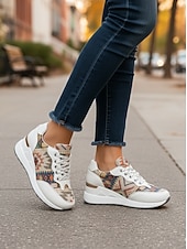 economico Sneakers da donna-sneakers con zeppa dorate da donna – scarpe da ginnastica con plateau e lacci con stampa etnica per abbigliamento casual da strada e viaggi del fine settimana