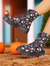 レディースハロウィンスカルプリントコンバットブーツ - ゴシックフェスティバルやコスプレパーティーにぴったりのバラ柄レースアップチャンキーソールアンクルブーツ お買い得  女性向け-レディースハロウィンスカルプリントコンバットブーツ - ゴシックフェスティバルやコスプレパーティーにぴったりのバラ柄レースアップチャンキーソールアンクルブーツ