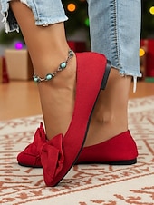 billige Flate sko til kvinner-Røde, flate damesko med sløyfe – elegante ballerinasko med slip-on-effekt til julebord, bryllup og hverdagsbruk