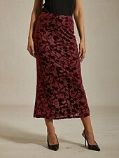  Damen Elegant Vintage Maxi Hohe Taille Röcke Dehnbar Wein Frühling