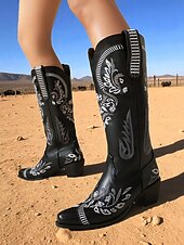levne Cowboy &amp; Western Boots-Dámské vyšívané kovbojské kozačky do poloviny lýtek s blokovým podpatkem, boty ve westernovém stylu na večírky a festivaly