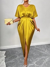 abordables Robe de cocktail-Femmes Robe Longue Maxi Robe Robe de Soirée Robe de Cocktail Robe en Satin Élégant Moderne Soirée Coupe régulière Uni Manche Courte Col en V Noir Jaune Bleu Roi Vert foncé Automne Hiver