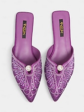 baratos Festa da Vida Noturna-mules femininas com strass dourados e detalhes em pérolas - sapatos glamorosos de bico fino e sem cadarço para a vida noturna e coquetéis