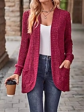 billiga Öppen front cardigan-Dam Vardaglig jacka Bekväm Andningsfunktion Ficka Ledigt Slät Semester Gata Dagliga kläder Utekväll Öppen front Normal Kraglös Normal Långärmad Ytterkläder Vin Himmelsblå Purpur Vår Höst