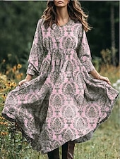 economico Abiti Boho-Pasqua Per donna Abito Midi Abito a trapezio Vacanza Casual Boho Spiaggia Vestibilità comoda Floreale Grafico Paisley Manica Lunga Scollo a V Rosa Blu Viola Verde Primavera Autunno Inverno