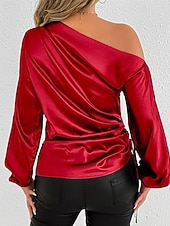  Mulheres Camisa Social Elegant Elegante Top de cetim Assimétrico Côr Sólida Tecido à moda Casual Manga Longa ombro frio Tops regulares Diário Para Noite Vermelho Verão Primavera Outono