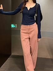 preiswerte Einfarbiges T-Shirt-Damen Bluse Knöpfe Einfarbig Stilvoll Lässig Langarm Rundausschnitt Normale Oberteile Täglich Marineblau Dunkelgray Grau Frühling Herbst Winter