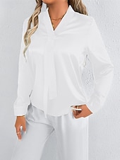 economico Top eleganti-Per donna Camicia Camicia in raso Tinta unica Elegante Casual Manica Lunga Scollo a V Top Regolari Quotidiano Uscire Nodo frontale Nero Bianco Primavera Autunno