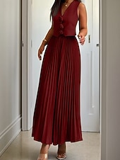abordables Ensembles de robes-Femmes Robe Midi Robe Décontractée Robe Ensemble Robe en Satin Élégant Mode Moderne Extérieur Quotidien Sortir Coupe régulière Uni Sans manches Col en V Noir Rose Claire Vin Bleu Printemps Automne