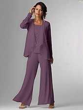 baratos Terninhos de calça da mamãe-Conjunto de calças 3 peças Mãe da noiva Convidada de casamento Formal Elegante Plus Size Envoltório Comprimento do chão Chiffon Sem mangas com Renda
