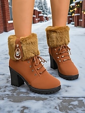  Botas femininas de couro sintético marrom com punho de pele e salto grosso – botas quentes de inverno com cadarço e detalhes de strass para mulheres, perfeitas para uso ao ar livre, casual e de férias