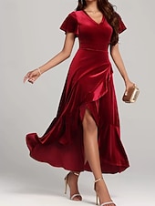 cheap Plain Dress-Women's Midi Dress Christmas Dress Velvet Dress Cocktail Dress Elegant Fashion Modern Daily Outdoor Evening Party Regular Fit Plain Short Sleeve V Neck Black Red Purple Spring Autumn