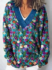 abordables Motifs graphiques et détails-Femmes Pull Occasionnel Doux Fleuri Côtelé Col en V Tricoté manche longue Hauts Réguliers Tricoter Extérieur Quotidien Week-end Bleu Fuchsia Automne Hiver