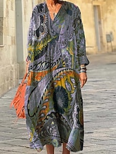 abordables Art &amp; Design Robes-Femmes Robe Midi Robe d&#039;Été Robe trapèze Vacances Occasionnel Boho Sortir Plage Coupe Ample Graphique Géométrique manche longue Col en V Rose Claire Bleu Violet Claire Marron Printemps Automne Hiver