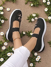 economico Sneakers da donna-sneakers da donna modello Mary Jane in Flyknit viola con ricami floreali, scarpe leggere e traspiranti per camminare e per outfit casual