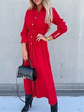 abordables Robe Simple-Femmes Robe Midi Robe trapèze Occasionnel Quotidien Coupe régulière Uni manche longue Revers Noir Rouge Vert Abricot Printemps Automne Hiver