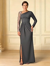 cheap Floor Length-Sheath Column Floor Length Wedding Guest Dress Formal Dresses Evening Gown Mother of the Bride Dress Long Sleeve V Neck Elegant Simple Formal Wedding Guest Satin with Pleats Ruched Beading