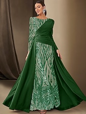 billiga Ballgowns för kvällsbruk-Black Tie Sjöjungfru  Trumpet Aftonklänning Paljetterande Glittrande Klänning Formell Bröllop Golvlängd Lång Ärm Båthals Satin med Fållar