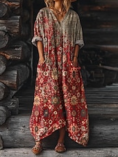 halpa Boho-mekot-Naisten Maksimekko A linjainen mekko Loma Vapaa-aika Päivittäin Normaali Loose Fit Kukka Kuvitettu Pitkähihainen V kaula-aukko Punastuvan vaaleanpunainen Tumma vaaleanpunainen Rubiini Sininen Kes