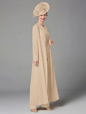 abordables Costumes-pantalons pour maman-Pantalon de mariage à la plage ensemble de 3 pièces mère de la mariée invitée de mariage formelle élégante grande taille avec encolure bateau longueur au sol manches longues enveloppe incluse avec