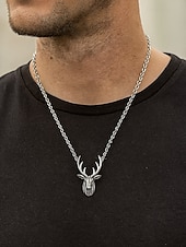 abordables Accessoires de Noël-Collier tête de cerf en alliage pour homme - Collier pendentif bois de cerf vintage, parfait pour le style extérieur et comme cadeau de Noël