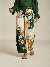 お買い得  女性のパンツ-レディース ワイドレッグパンツ サテン ダークグリーン 花柄プリント フロントオーバーラップ スリット 春 秋