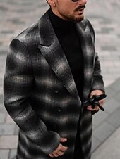 abordables Men's Trench Coat-Men's Overcoat Trench Coat Long Trench Coat Vacation Daily Fall Winter Polyester Windproof Warm Outerwear Clothing Apparel Fashion Classic Plaid Pocket Lapel Open Front