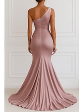 abordables Vestidos de Noche Sirena-Corte Trompeta Sirena Hasta el Suelo Vestidos de noche Elegante Sin Mangas Un Hombro Boda Formal Vestido rosa Satén elástico con Plisado