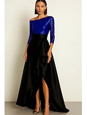 preiswerte A-Linie Abendkleider-schwarz-goldenes A-Linien-Abendkleid, elegantes Abendkleid, formelle Hochzeit, asymmetrisch, 3/4-Ärmel, ein Schulterstück, Stretch-Pailletten-Satin mit Rüschen, Schlitz 2025