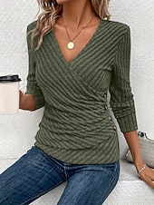 abordables T-shirt uni-Femmes Chemisier Couleur Unie Élégant Basique Occasionnel manche longue Col en V Hauts Réguliers Quotidien Bleu Noir Vert Véronèse Violet Printemps Automne Hiver