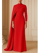 abordables Robes de bal-Robe de soirée fourreau/colonne, cape amovible, élégante, robe de soirée, traîne de mariage, manches 3/4, col haut, crêpe extensible avec fronces, 2025