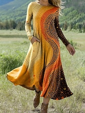 billiga Boho-klänning-Dam Midiklänning A linjeklänning Fit And Flare Klänning Semester Ledigt Dagligen Normal Grafisk Geometrisk Långärmad Rund hals Svart Blå Orange Vår Höst Vinter
