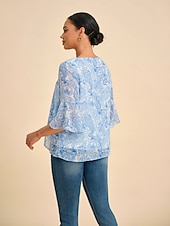 abordables chemises, hauts et chemisiers-Femmes Féminin Paisley Occasionnel Bleu Ciel Manche 3/4 Élégant Décontracté Quotidien Col ras du cou Été Printemps Automne
