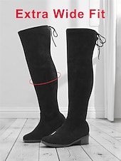 billige Mote støvler-Svarte damestøvletter med ekstra bred passform over kneet, stilige og komfortable støvler for store størrelser, perfekte for avslappet gatestil og høst-/vinterantrekk