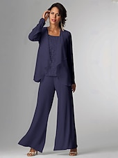 baratos Terninhos de calça da mamãe-Conjunto de calças 3 peças Mãe da noiva Convidada de casamento Formal Elegante Plus Size Envoltório Comprimento do chão Chiffon Sem mangas com Renda