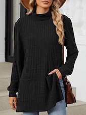billiga Kvinnors Enfärgade Toppar-Dam Blus Ensfärgat Stylish Ledigt Långärmad Hög hals Långa toppar Dagligen Ficka Svart Rubinrött Blå Kaki Grå Vår Höst Vinter