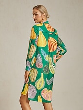 abito camicia da donna con stampa zucca verde, scollo a V, vestibilità ampia, orlo asimmetrico, spacco, per vacanza, quotidiano, lavoro, festa, autunno, primavera, estate economico Abiti floreali-abito camicia da donna con stampa zucca verde, scollo a V, vestibilità ampia, orlo asimmetrico, spacco, per vacanza, quotidiano, lavoro, festa, autunno, primavera, estate
