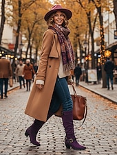 voordelige Slouch-laarzen-Paarse suède knielaarzen voor dames met gespen – western cowboystijl laarzen met blokhak voor herfstmode, Halloween-outfits en outdoor streetwear