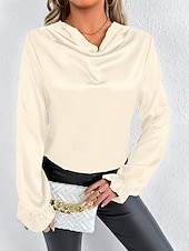 Недорогие Нарядные блузки-Жен. Рубашка Elegant Нарядный Атласный верх Драпировка Сплошной цвет Стиль На каждый день Длинный рукав Вырез-хомут Обычные топы Повседневные На выход Черный Розовый Зеленый Абрикосовый Весна Осень