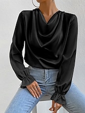 abordables Hauts habillés-Femmes Chemise Chemise en satin Uni Élégant Occasionnel manche longue Col Bénitier Hauts Réguliers Quotidien Sortir Drapé Noir Rose Claire Vert Abricot Printemps Automne