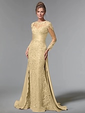 halpa Lattian pituus-Trumpetti / merenneito Hipaisulaahus Muodollinen mekko Iltapuku Overhameen mekko Pitkähihainen Pyöreä Tyylikäs Häävieras Joustava satiini Morsiammen äidin asu kanssa Pitsi Paljeteilla Röyhelöt