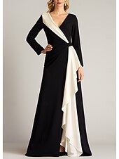 preiswerte A-Linie Abendkleider-A-Linie Abendkleid Elegant Formelle Kleidung Formell Hochzeit Bodenlang Langarm V Ausschnitt Gürtel / Schärpe Stretch-Crêpe mit Falten 2025