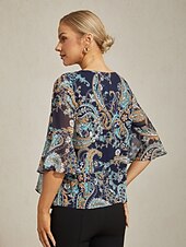 billige skjorter, topper og bluser-Dame Paisly Avslappet Blå Paisley 3/4 Erme Elegant Fritid hverdag Crew-hals Rund Sommer Vår Høst